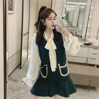 Long-sleeve Tie-neck Blouse / Pocketed Sleeveless Dress