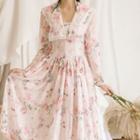 Long-sleeve Floral-print Collared Midi A-line Dress