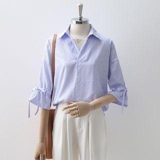 Striped Tie-cuff Elbow-sleeve Blouse