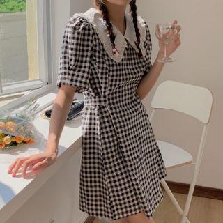 Puff-sleeve Peter Pan-collar Plaid Mini A-line Dress