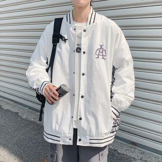 Letter Embroidered Print Panel Baseball Jacket