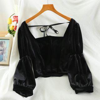 Velvet Lantern-sleeve Cropped Blouse Black - One Size