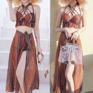 Set: Striped Swim Top + Bottom + Cover Up