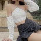 Set: Lace Up Cropped Halter Top + Ruffle Arm Sleeves