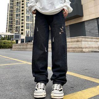 Star Embroidered Distressed Straight Leg Jeans