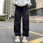 Star Embroidered Distressed Straight Leg Jeans
