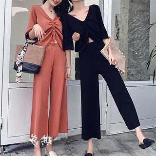 Set: Elbow-sleeve Drawstring Knit Top + Wide-leg Knit Pants