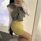 Set: Long-sleeve T-shirt + Asymmetrical Gingham Tie-front Top Set - White T-shirt & Tie-front Top - Plaid - Black & White - One Size