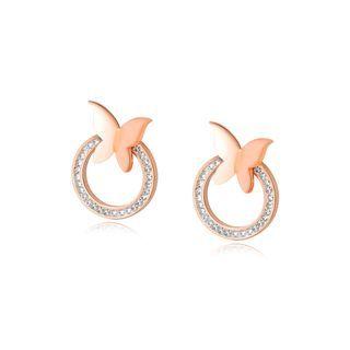 Elegant And Fashion Plated Rose Gold 316l Stainless Steel Geometric Round Butterfly Stud Earrings With Cubic Zircon Rose Gold - One Size