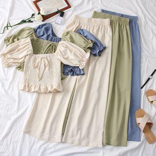 Set: Square-neck Smocked Top + Wide-leg Pants