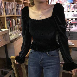 Puff-sleeve Square Neck Velvet Top Black - One Size