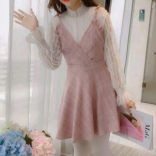 Set: Stand Collar Blouse + Spaghetti Strap Plaid Mini A-line Dress