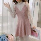 Set: Stand Collar Blouse + Spaghetti Strap Plaid Mini A-line Dress
