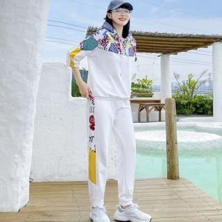 3/4-sleeve Bear Print Hoodie / Harem Pants / Set