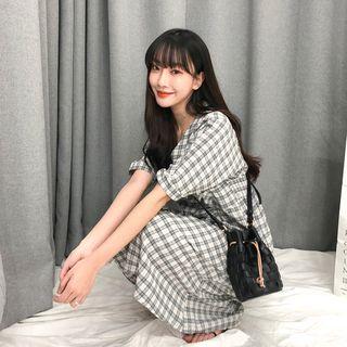Smocked-back Plaid Shirtdress Black - One Size