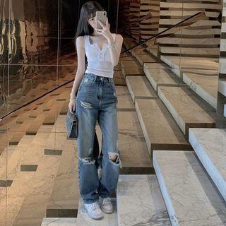 Distressed Wide Leg Jeans / Belt / Set