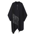 Half-zip Glitter Asymmetric Long-sleeve Midi A-line Dress Black - One Size