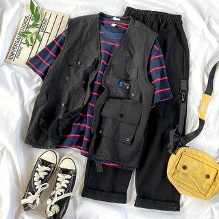 Elbow-sleeve Striped T-shirt / Wide-leg Pants / Cargo Vest