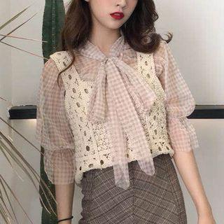 Set: Plain Camisole Top + Checked Elbow-sleeve Top + Crochet Knitted Vest