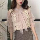 Set: Plain Camisole Top + Checked Elbow-sleeve Top + Crochet Knitted Vest