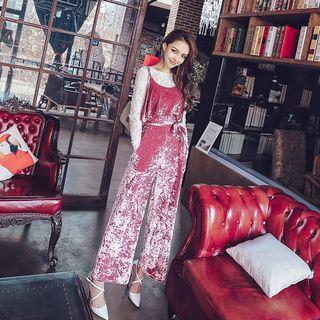 Ruffle High-waist Velvet Wide Leg Jumper Pants