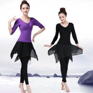 Set: V-neck Dance Top + Leggings Inset Mesh Skirt