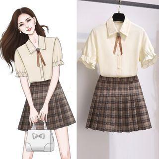 Bell-sleeve Shirt / Plaid Mini A-line Skirt / Set