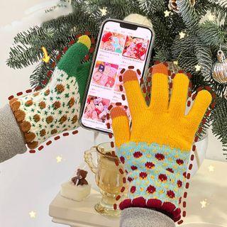 Flower Print Knit Gloves