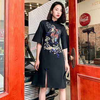 Mandarin Collar Printed Elbow-sleeve Midi A-line Dress