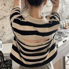Elbow-sleeve Open-back Striped Polo Knit Top