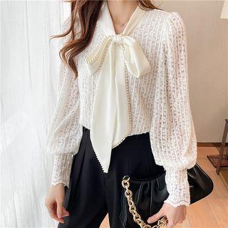 Long-sleeve Faux Pearl Bow Lace Blouse