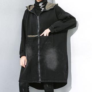 Leopard Print Panel Hooded Denim Jacket Black - One Size