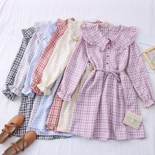 Peter Pan-collar Plain Shirtdress With Sash In 6 Colors