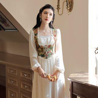 Long-sleeve Mock Two-piece Flower Print Midi A-line Dress