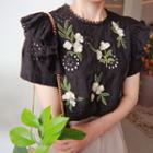 Embroidered Button-back Eyelet-lace Blouse