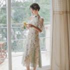 Asymmetrical Cod-shoulder Floral Print Midi A-line Dress
