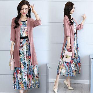 Set: Patterned Sleeveless Midi Dress + 3/4 Sleeve Long Jacket