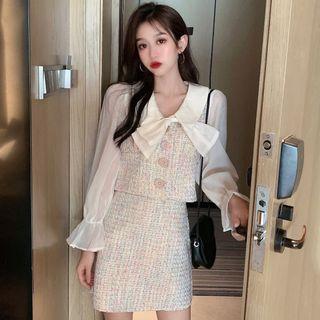 Mock Two-piece Tie-neck Tweed Blouse / Tweed A-line Skirt
