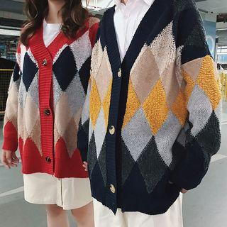 Couple Matching Diamond Patterned Buttoned Cardigan