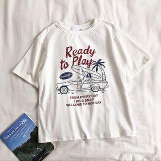 Lettering Printed Crewneck Short-sleeve T-shirt White - One Size