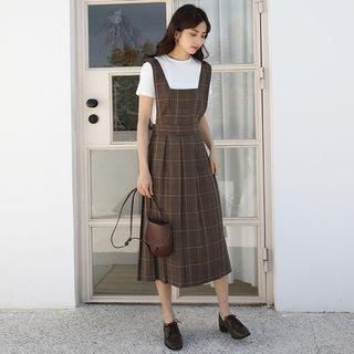 Plaid Midi A-line Pleated Pinafore Dress