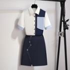 Short-sleeve Paneled Shirt / Contrast Stitched A-line Skirt / Set
