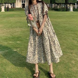Short-sleeve Floral Print Midi A-line Dress Black & Off-white - One Size