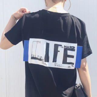 Short-sleeve Lettering Print Midi T-shirt Dress Black - One Size