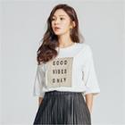 Elbow-sleeve Letter-print T-shirt