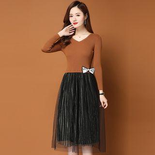 Knit Panel Mesh Overlay A-line Midi Dress