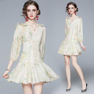 3/4-sleeve Lace Up Mini A-line Dress