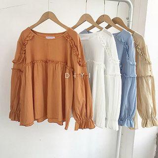 Plain Crewneck Ruffled-trim Long-sleeve Top