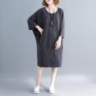 3/4 Sleeve Plain Crewneck Midi Dress