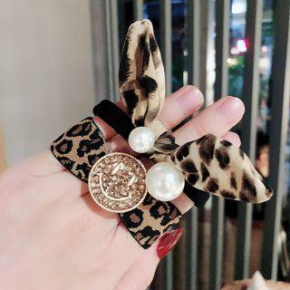 Faux Pearl Leopard Print Bow / Smiley Hair Tie